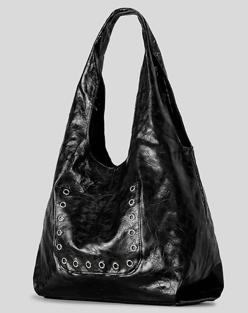 Vintage Studded Bag Y2k Purse Trendy Oil Wax Leather Shoulder Bag Simple Hand Bags Large Capacity Bucket Bags for Women