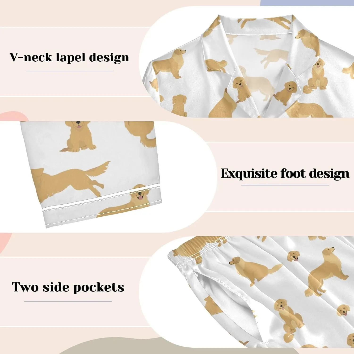 vvfelixl Women Pajama Sets Golden Retriever Dogs Satin Pajama Set for Women Long Sleeve 2 Piece Pj Sets for Women S