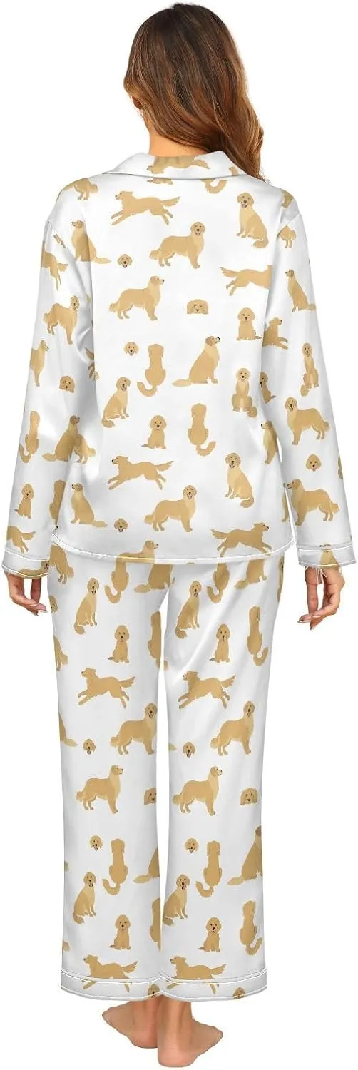 vvfelixl Women Pajama Sets Golden Retriever Dogs Satin Pajama Set for Women Long Sleeve 2 Piece Pj Sets for Women S