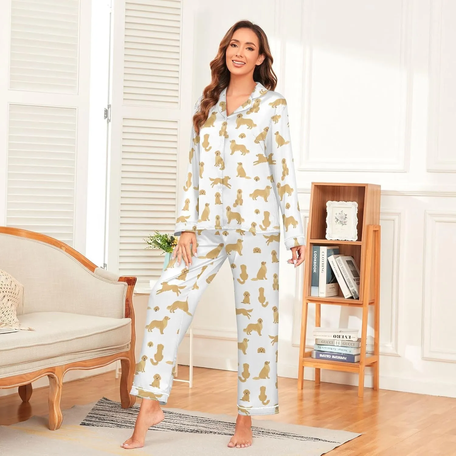 vvfelixl Women Pajama Sets Golden Retriever Dogs Satin Pajama Set for Women Long Sleeve 2 Piece Pj Sets for Women S