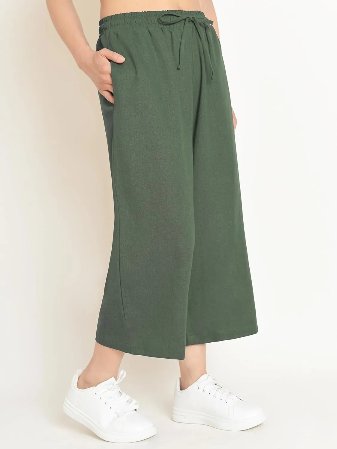 Weintee Women's Linen Capris Wide Leg Cropped Pants with Pockets