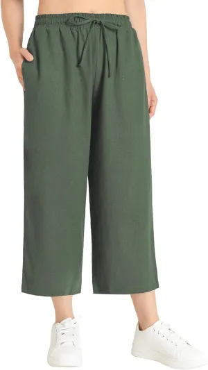 Weintee Women's Linen Capris Wide Leg Cropped Pants with Pockets