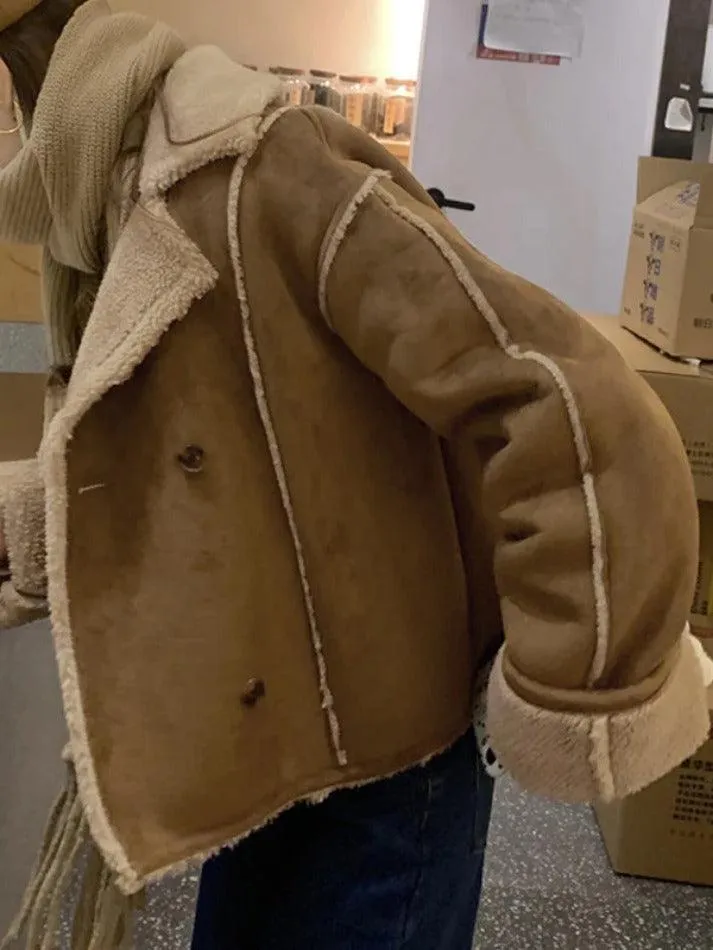 Wenkouban-Spring Casual Outfits Y2K Outfits Vintage Brown Lambswool Splice Short Jacket