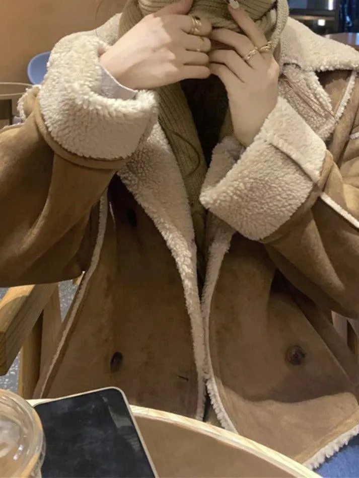Wenkouban-Spring Casual Outfits Y2K Outfits Vintage Brown Lambswool Splice Short Jacket