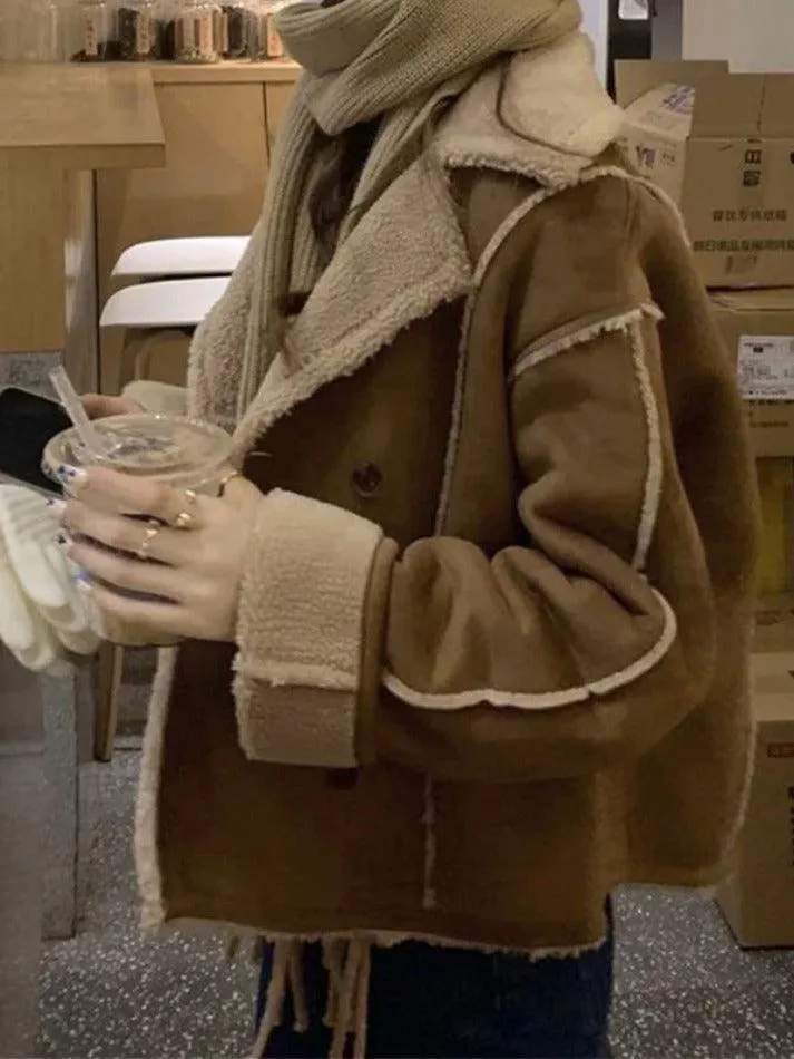 Wenkouban-Spring Casual Outfits Y2K Outfits Vintage Brown Lambswool Splice Short Jacket