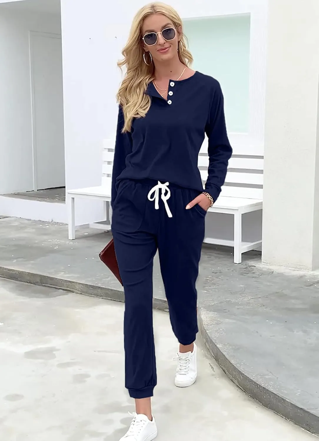 WIHOLL Two Piece Outfits for Women Lounge Sets Button Down Sweatshirt Sweatpants Sweatsuits Set with Pockets