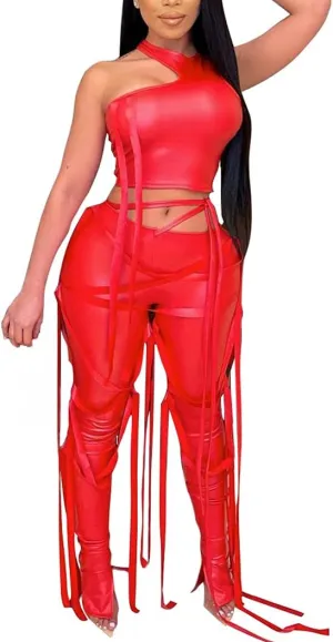 WOKANSE Women's Sexy 2 Piece Outfits Irregular Sleeveless Tank Top Solid Lace Up Split Bodycon Pants Set