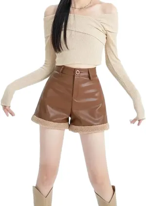 Women Autumn Winter Lamb Wool Splicing PU Leather Shorts High Waisted Wide Leg Casual Hot Pants