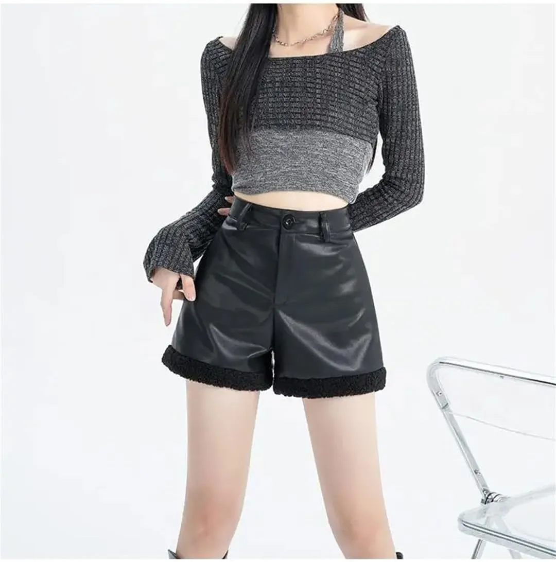 Women Autumn Winter Lamb Wool Splicing PU Leather Shorts High Waisted Wide Leg Casual Hot Pants