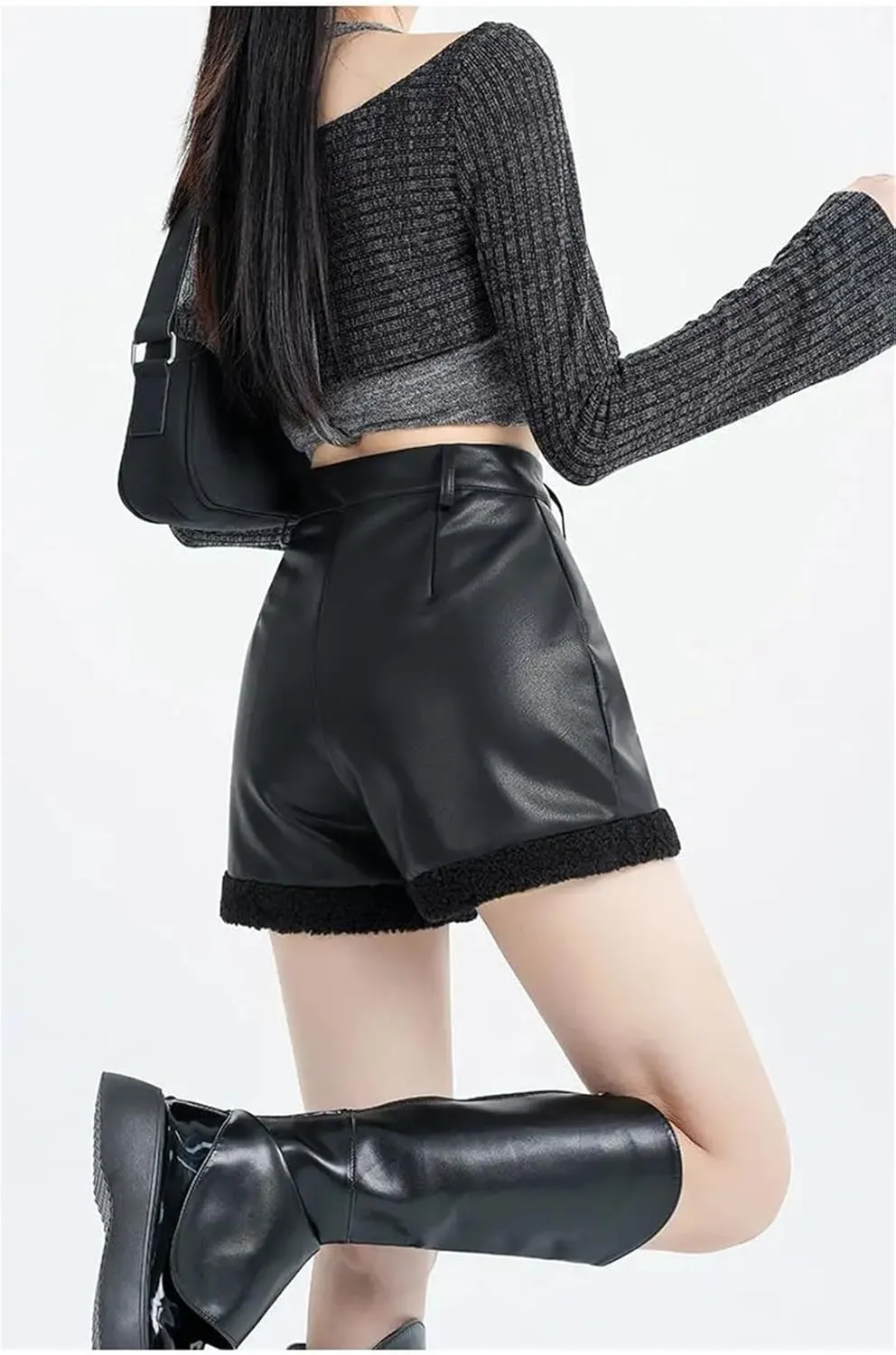 Women Autumn Winter Lamb Wool Splicing PU Leather Shorts High Waisted Wide Leg Casual Hot Pants