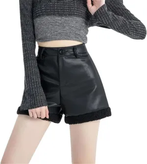 Women Autumn Winter Lamb Wool Splicing PU Leather Shorts High Waisted Wide Leg Casual Hot Pants