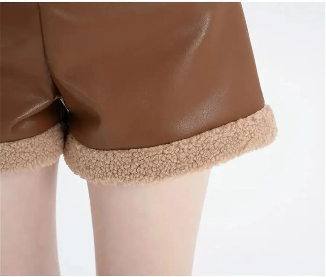 Women Autumn Winter Lamb Wool Splicing PU Leather Shorts High Waisted Wide Leg Casual Hot Pants