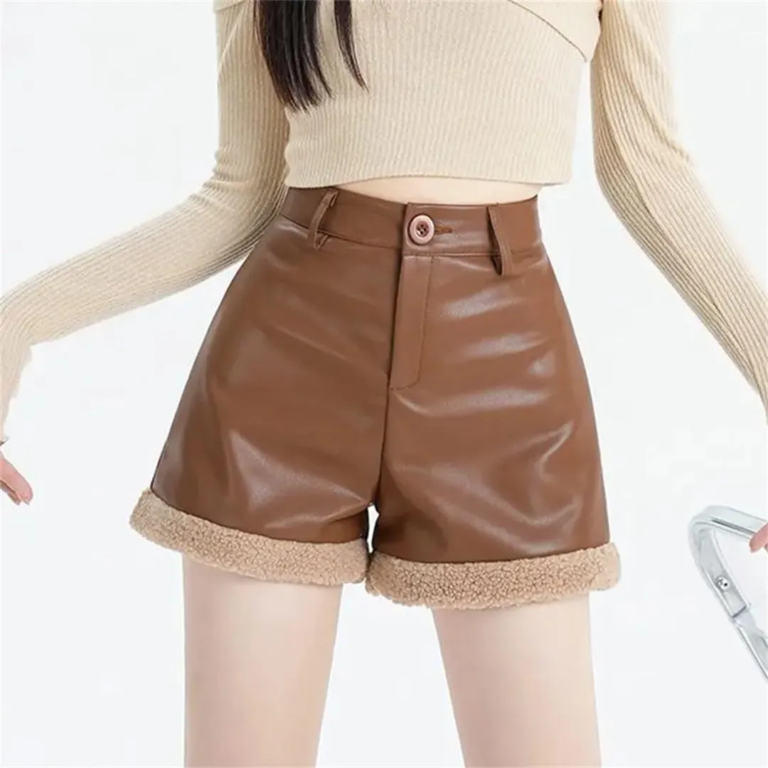 Women Autumn Winter Lamb Wool Splicing PU Leather Shorts High Waisted Wide Leg Casual Hot Pants