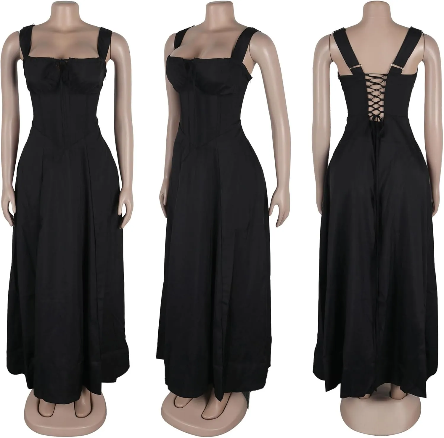 Women Casual Corset Dress Sleeveless Lace Up Ruched Bodycon Split Tie Square Neck A Line Boho Flowy Maxi Sundress