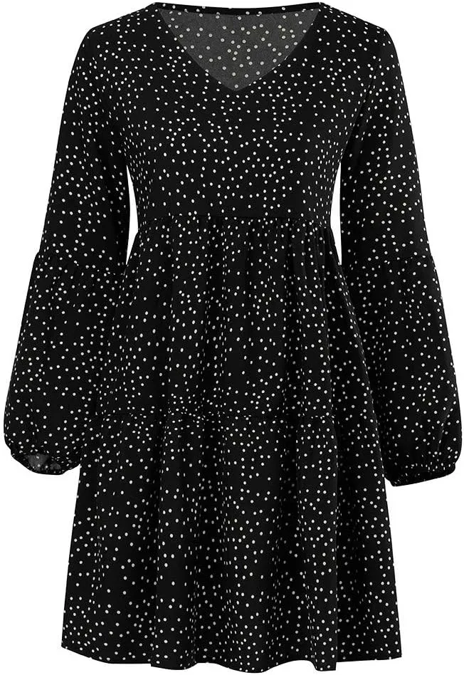 Women Casual Dot Print Sexy V Neck Long Sleeve Mini Dress Plus Size Ruffle Flowy Summer Loose Swing Dress