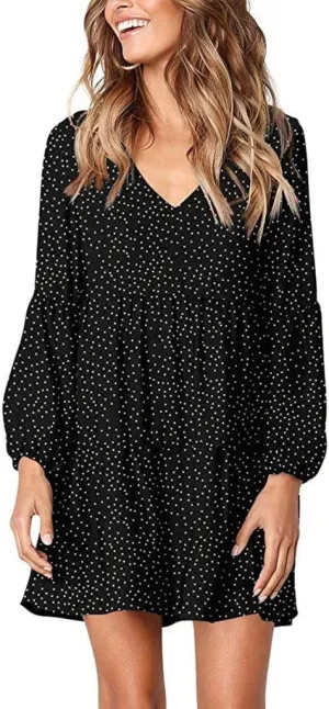 Women Casual Dot Print Sexy V Neck Long Sleeve Mini Dress Plus Size Ruffle Flowy Summer Loose Swing Dress