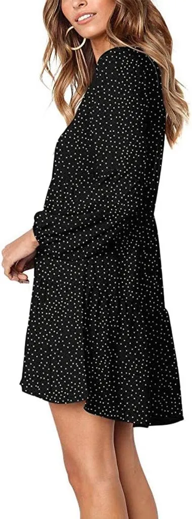 Women Casual Dot Print Sexy V Neck Long Sleeve Mini Dress Plus Size Ruffle Flowy Summer Loose Swing Dress