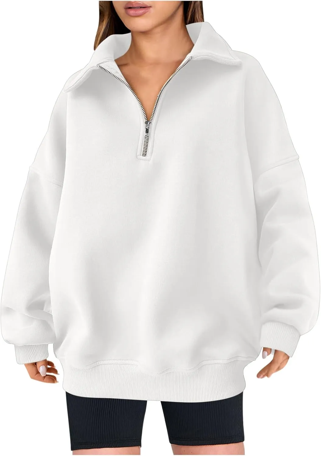 Women Casual Half Zip Oversized Sweatshirts Long Sleeve Plain Collared Hoodie Drop Shoulder Fleece Fall Pullover