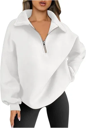 Women Casual Half Zip Oversized Sweatshirts Long Sleeve Plain Collared Hoodie Drop Shoulder Fleece Fall Pullover