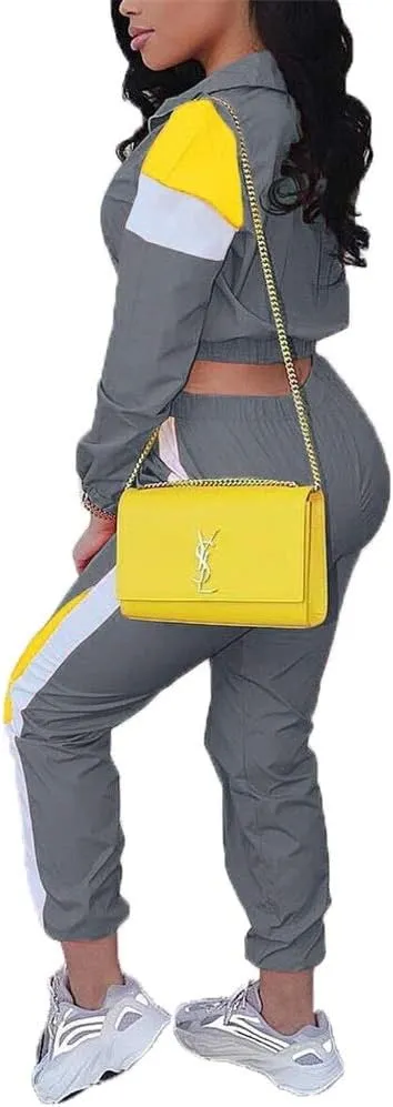Women Casual Tracksuit 2 Piece Zip Top Jacket and Elastic Waistband Pant Women Windbreaker Tracksuit Sets