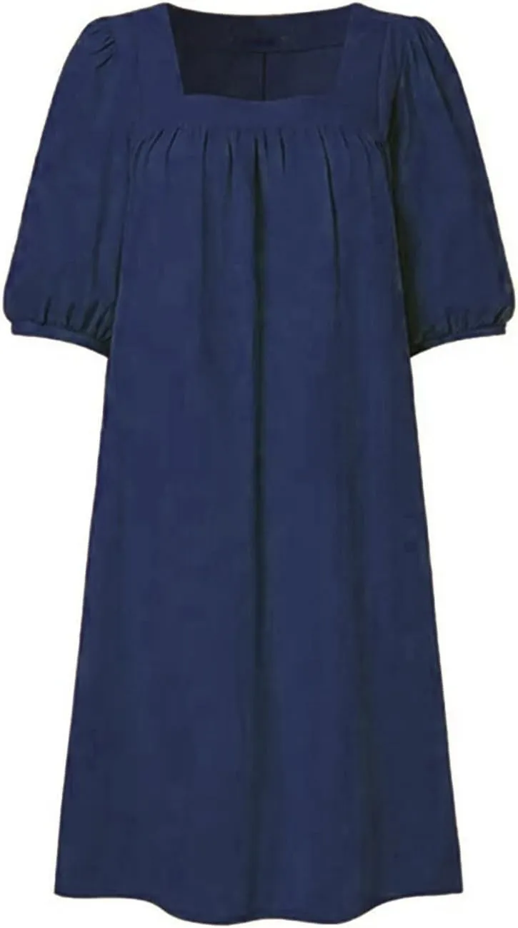 Women Cotton Linen 2025 Square Neck Dress Puff Half Sleeve Plain Mini Tshirt Dresses Plus Size Summer Casual Outfits