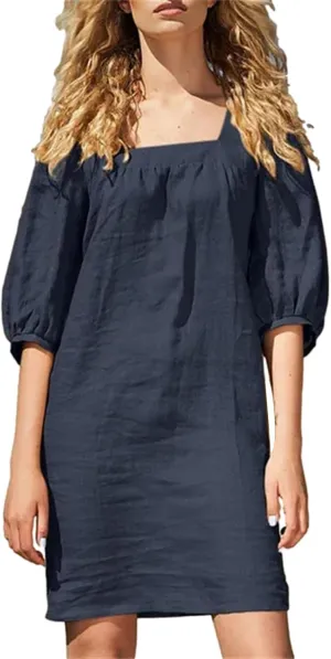 Women Cotton Linen 2025 Square Neck Dress Puff Half Sleeve Plain Mini Tshirt Dresses Plus Size Summer Casual Outfits