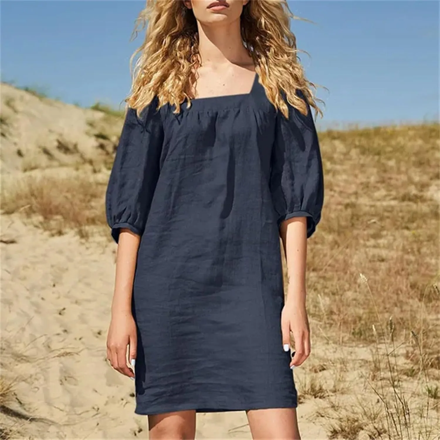 Women Cotton Linen 2025 Square Neck Dress Puff Half Sleeve Plain Mini Tshirt Dresses Plus Size Summer Casual Outfits