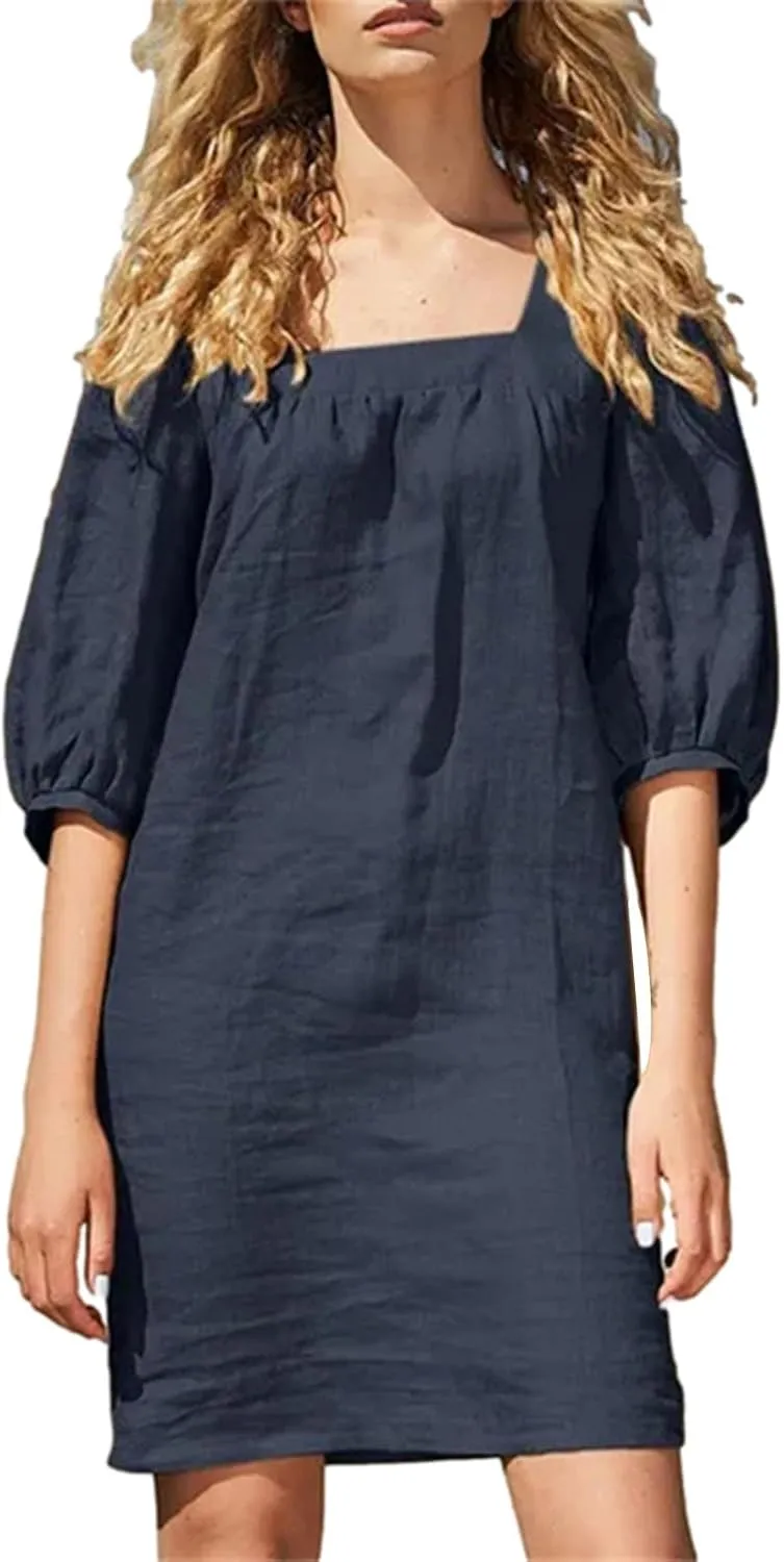 Women Cotton Linen 2025 Square Neck Dress Puff Half Sleeve Plain Mini Tshirt Dresses Plus Size Summer Casual Outfits