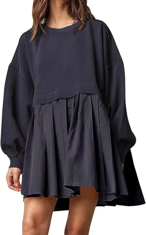 Women Crew Neck Sweatshirt Dress Oversized Long Sleeve Drop Shoulder Patchwork Pleated Baggy Sweatshirt Mini Dress