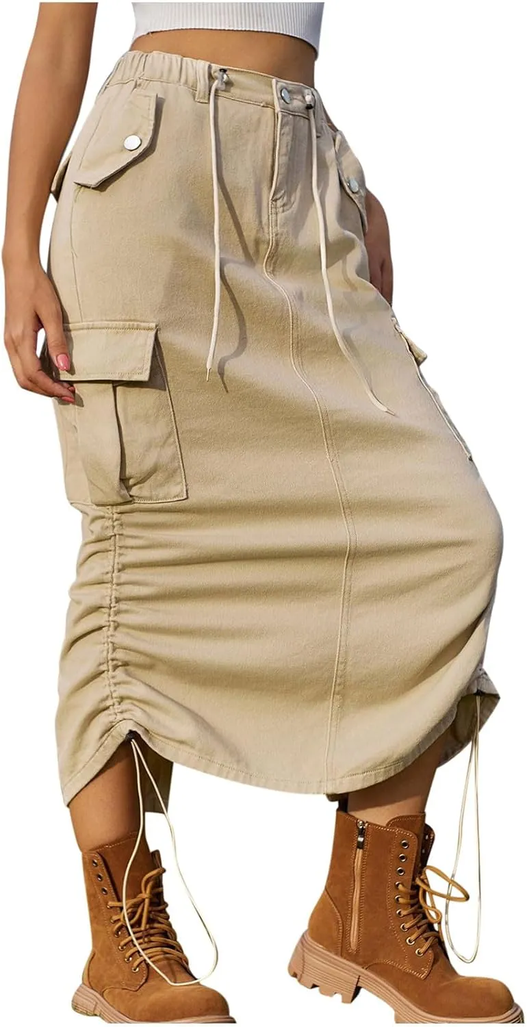 Women Denim Cargo Long Skirts High Waisted Pencil Skirt Summer Fashion Y2k Midi Length Jean Skirt with Cargo Pockets