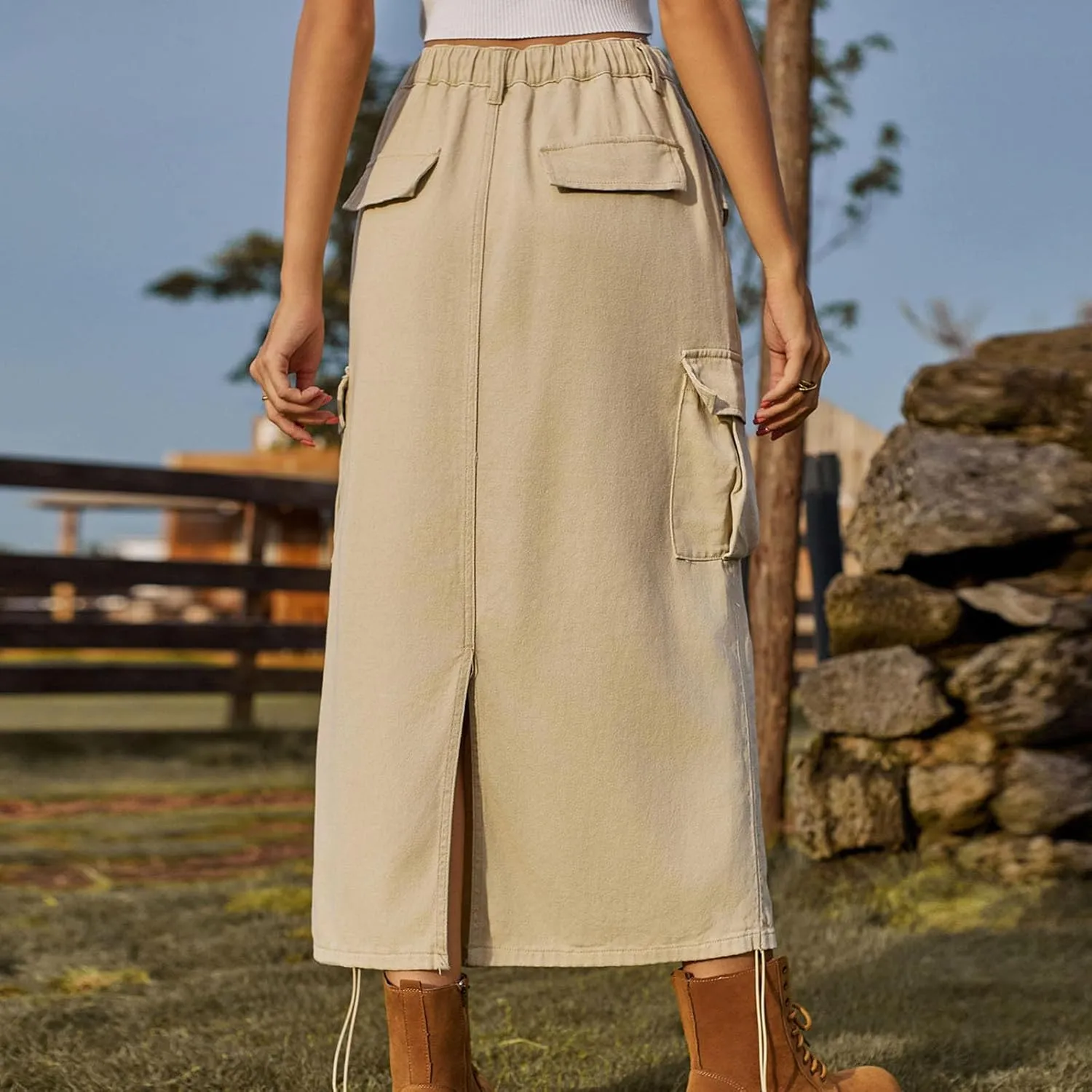 Women Denim Cargo Long Skirts High Waisted Pencil Skirt Summer Fashion Y2k Midi Length Jean Skirt with Cargo Pockets