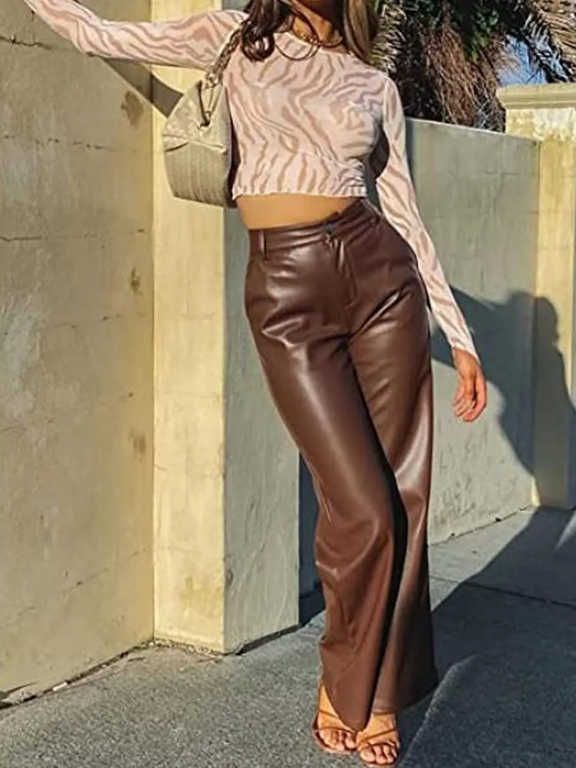 Women Faux Leather Pants High Waist Straight Wide Leg Leggings Slim Fit Trousers with Pockets