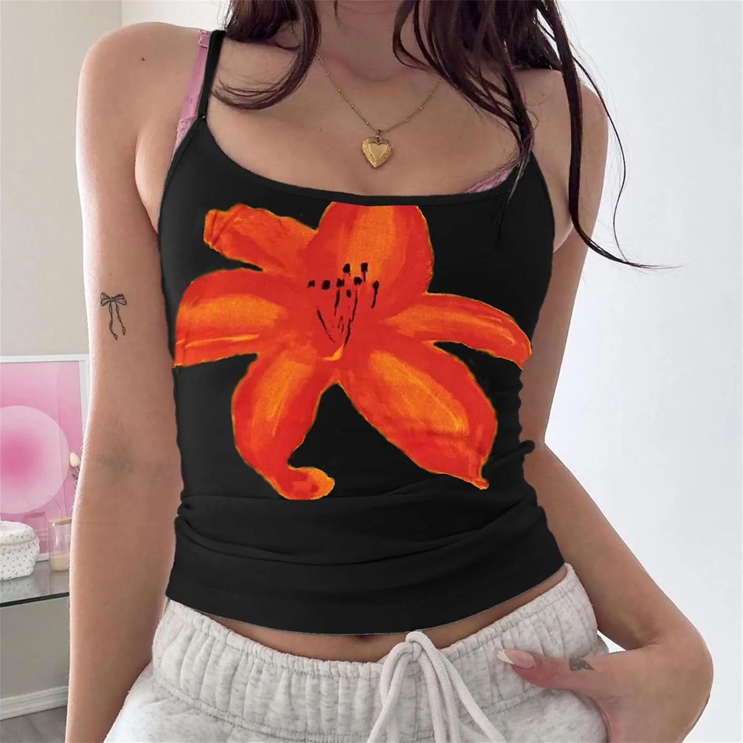 Women Floral Print Tank Cami Top Y2k Slim Spaghetti Strap Low Cut Sleeveless Camisole Vintage Aesthetic Streetwear