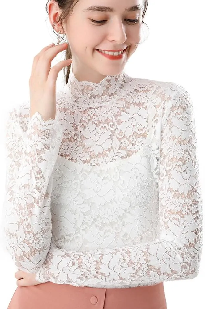 Women Floral Summer Lace Top Eyelash Trim Sexy Long Sleeves Plus Size Casual Dressy Shirt with Camisole Two Piece