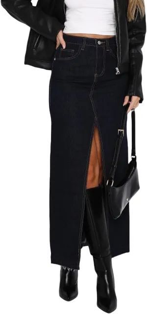 Women High Waist Denim Maxi Skirt Split Thigh Zip Up Jeans Skirt Bodycon A Line Long Skirt with Pocket