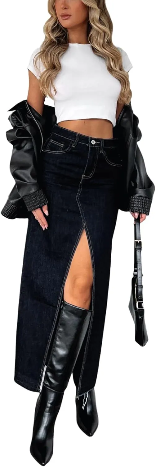 Women High Waist Denim Maxi Skirt Split Thigh Zip Up Jeans Skirt Bodycon A Line Long Skirt with Pocket