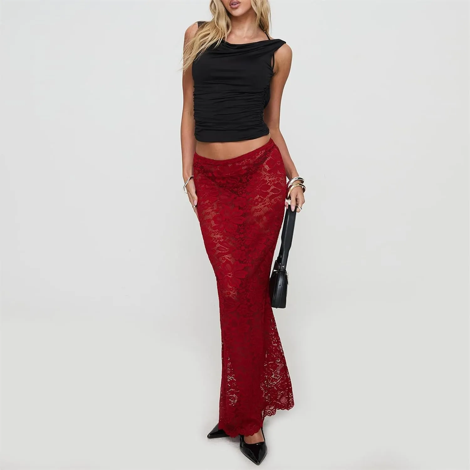 Women Lace Maxi Skirt Y2K Sexy Low Waist Sheer Mesh A-Line Long Skirt Slim Fit Floral Beach Cover Up Fairy Streatwear