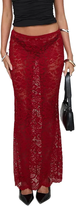 Women Lace Maxi Skirt Y2K Sexy Low Waist Sheer Mesh A-Line Long Skirt Slim Fit Floral Beach Cover Up Fairy Streatwear