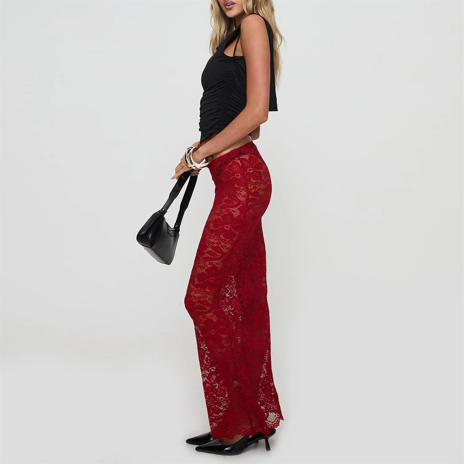 Women Lace Maxi Skirt Y2K Sexy Low Waist Sheer Mesh A-Line Long Skirt Slim Fit Floral Beach Cover Up Fairy Streatwear