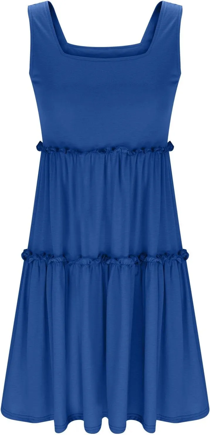 Women Layered Ruffle A-Line Sundress Summer Square Neck Sleeveless Flowy Tank Dress Casual Beach Vacation Mini Dress