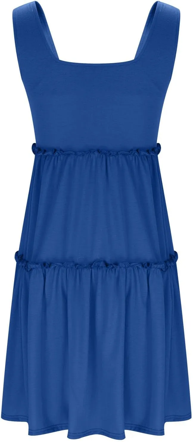Women Layered Ruffle A-Line Sundress Summer Square Neck Sleeveless Flowy Tank Dress Casual Beach Vacation Mini Dress