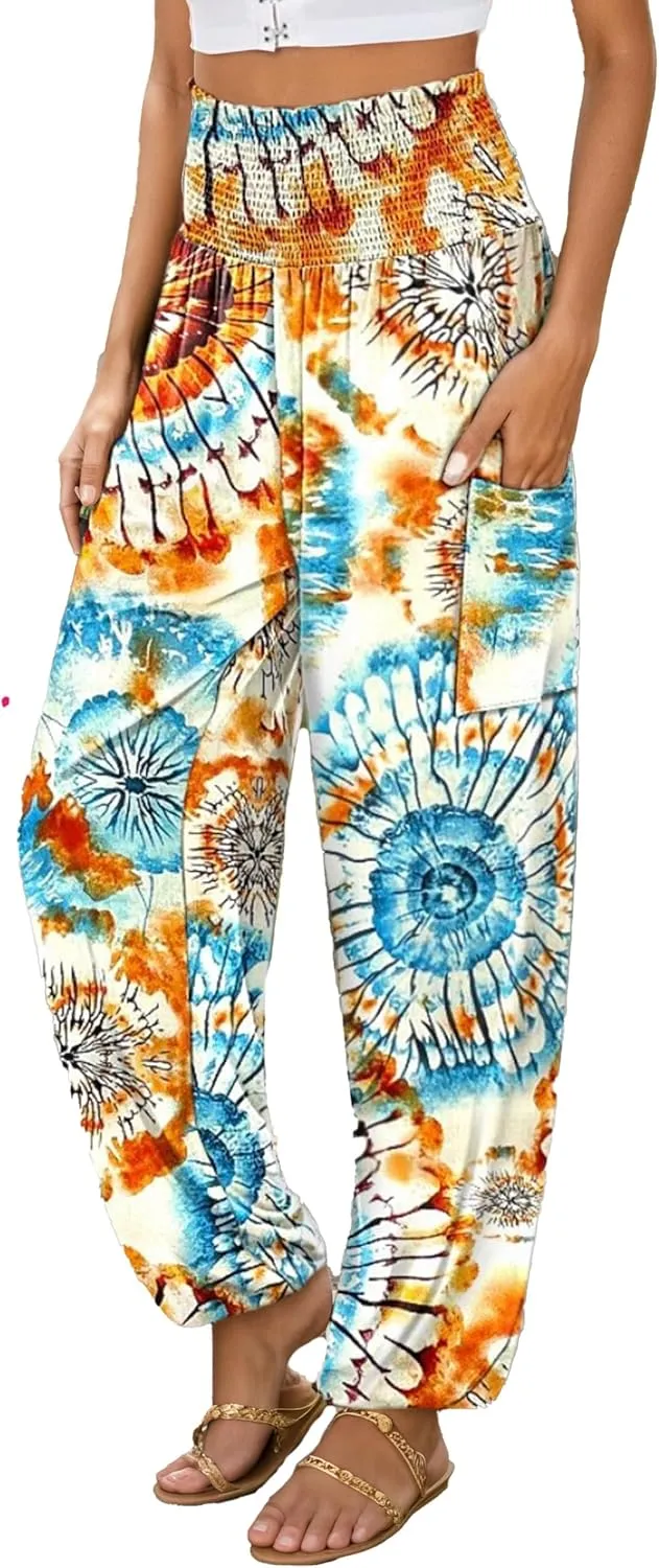 Women Loose Baggy Boho Floral Print Harem Hippie Pant Casual High Waist Yoga Beach Palazzo Trouser Jogger with Pocket