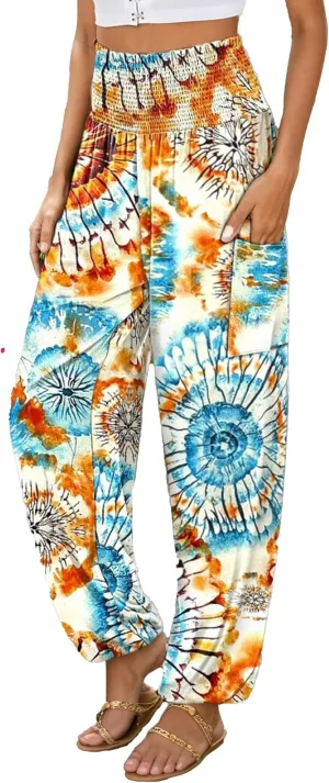 Women Loose Baggy Boho Floral Print Harem Hippie Pant Casual High Waist Yoga Beach Palazzo Trouser Jogger with Pocket