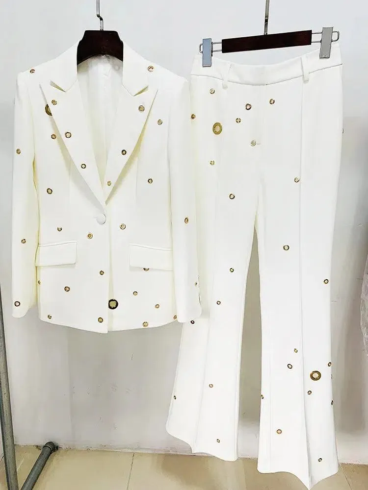 Women Pant Suit - Grommet Lapel Blazer Trouser Suit