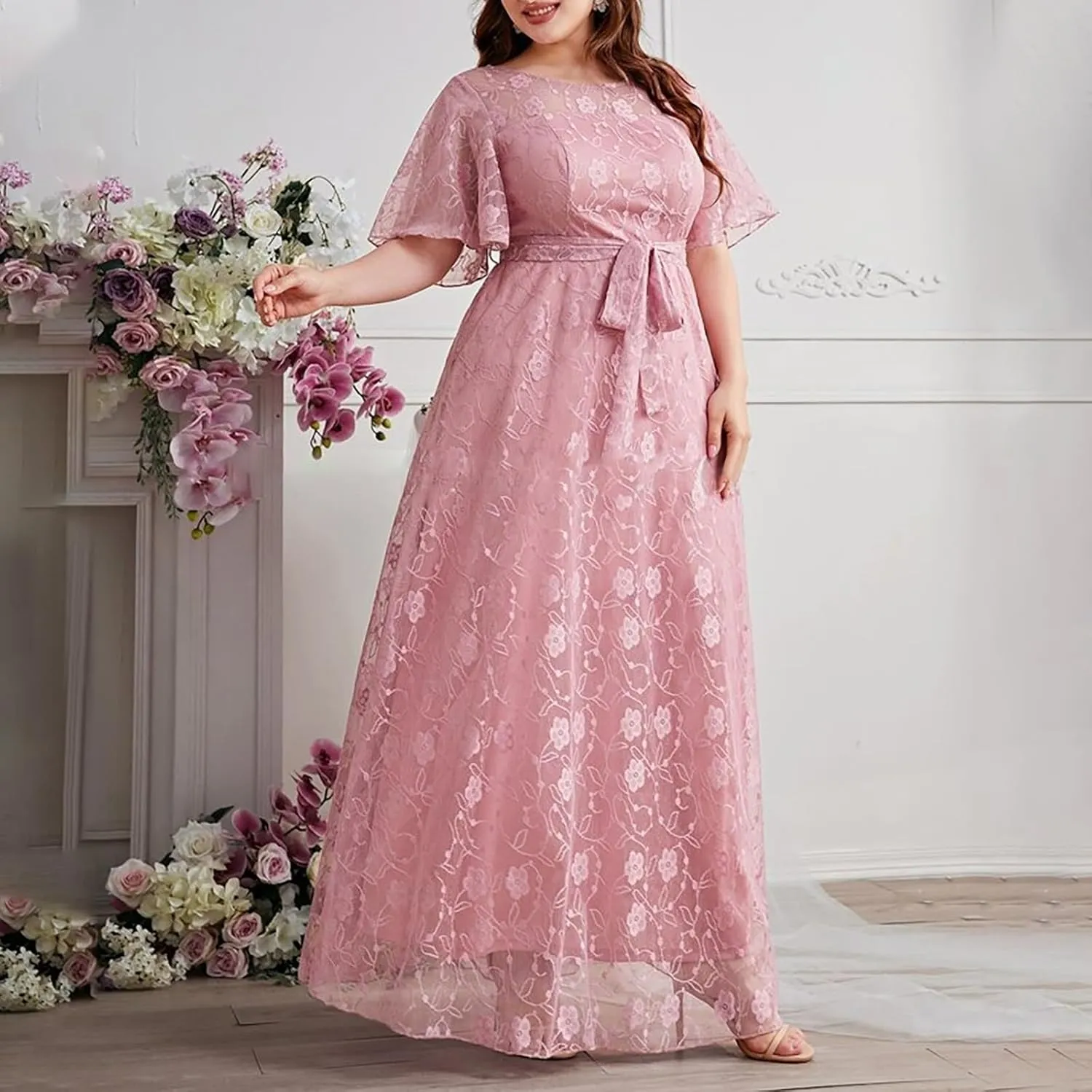 Women Plus Size Lace Cocktail Dresses Summer Wrap Round Neck Short Sleeve Flowy A Line Wedding Guest Midi Dress
