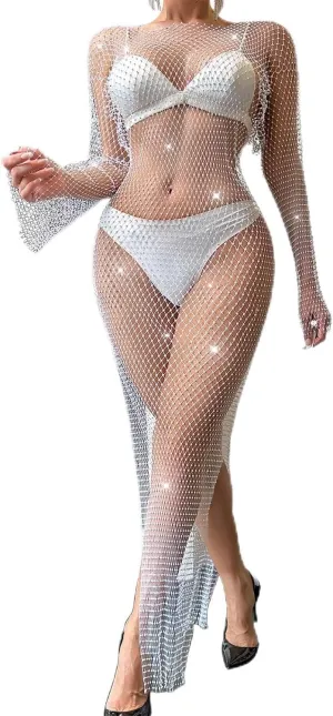 Women Rhinestone Mesh Dress Slit Long Skirts See Through Fishnet Cover up Dress Beach Swimwear Bikini