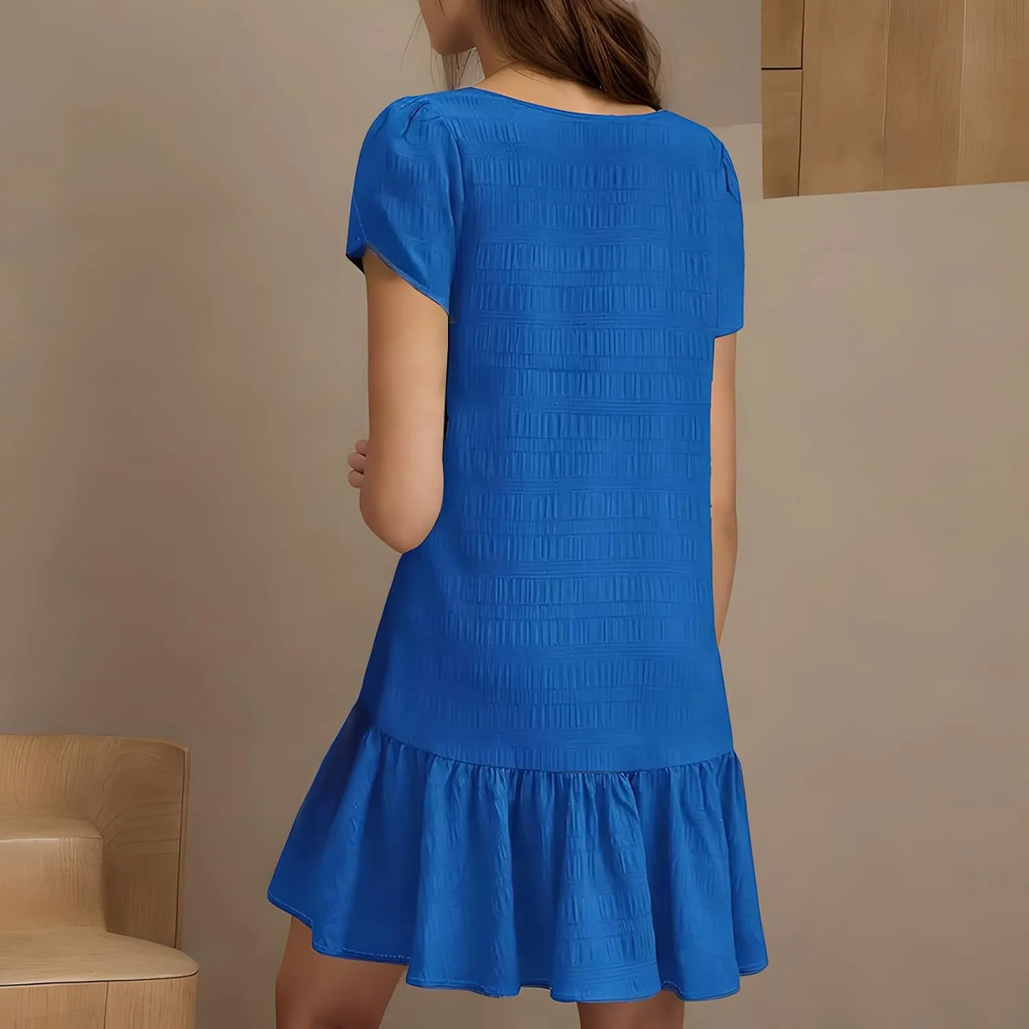 Women Ruffle Hem T Shirt Dress Summer Bubbles Textured Petal Short Sleeve Mini Dresses Casual V Neck Tunic Dress