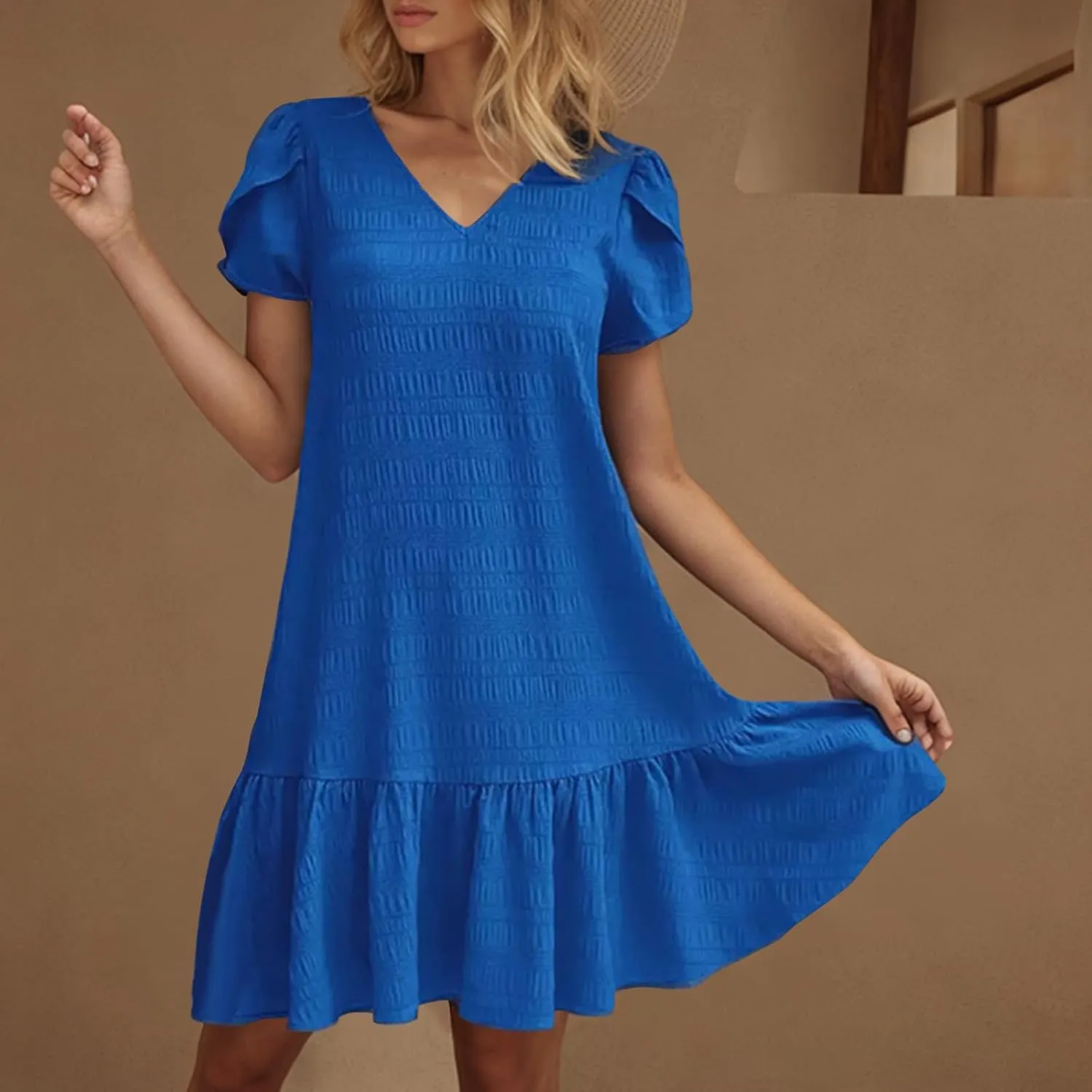 Women Ruffle Hem T Shirt Dress Summer Bubbles Textured Petal Short Sleeve Mini Dresses Casual V Neck Tunic Dress