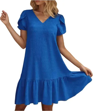 Women Ruffle Hem T Shirt Dress Summer Bubbles Textured Petal Short Sleeve Mini Dresses Casual V Neck Tunic Dress