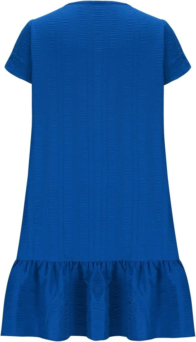 Women Ruffle Hem T Shirt Dress Summer Bubbles Textured Petal Short Sleeve Mini Dresses Casual V Neck Tunic Dress